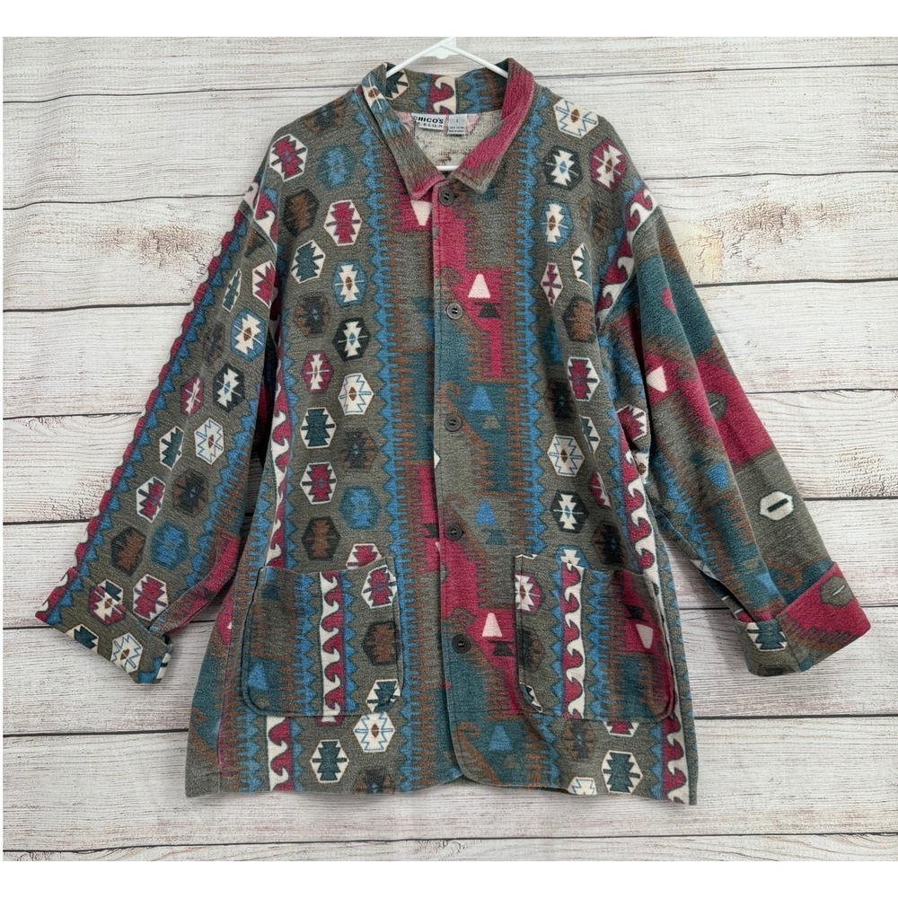 Chico's Design Jacket Women 1 Multicolor Southwestern Cotton Button Chore